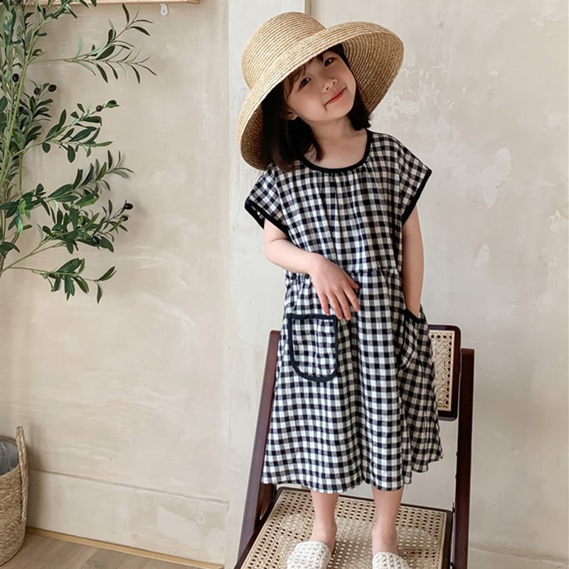 Đầm Dáng Rộng Cổ Tròn Họa Tiết Kẻ Sọc Thời Trang Mùa Hè Xinh Xắn Cho Bé Gái