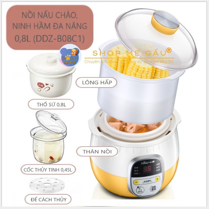 Nồi Nấu Chậm, Nồi Ninh Hầm Đa Năng Nấu Cách Thủy BEAR 0,8L Bản Quốc tế Bảo Hành 18 Tháng Chính Hãng