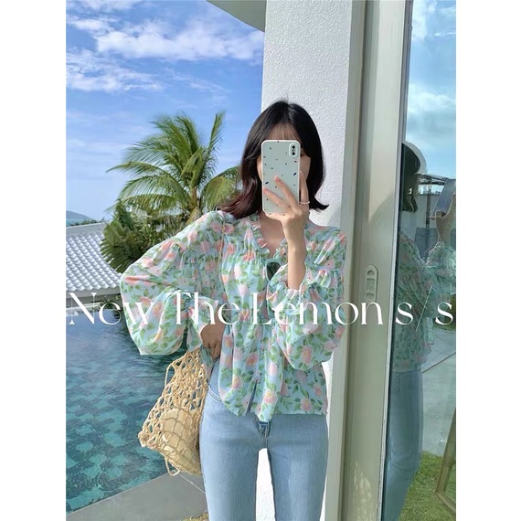 Áo Sơ Mi Tay Phồng Cổ Chữ V In Họa Tiết Hoa Phong Cách Hàn Quốc Dành Cho Nữ