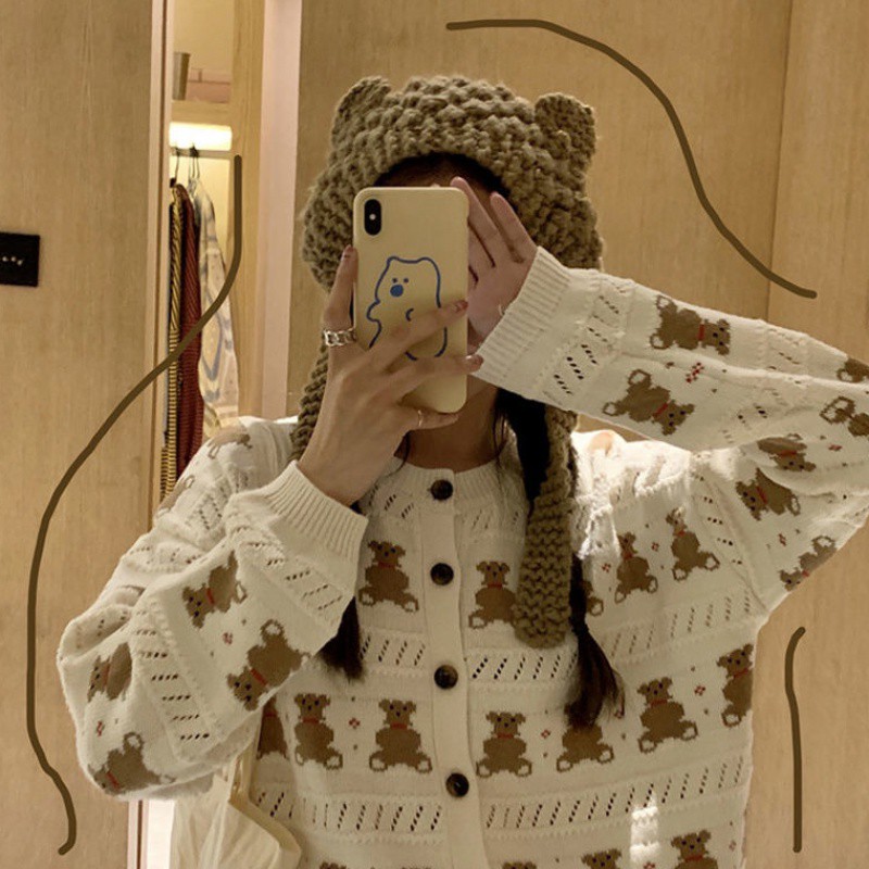Áo khoác len tay dài cổ tròn hình gấu thu đông cardigan
