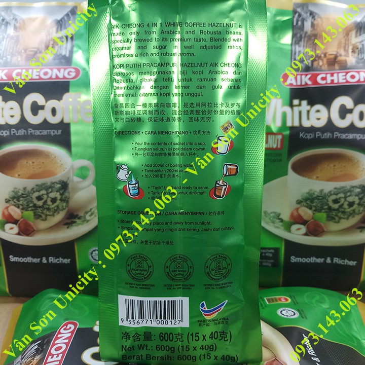 05 bịch Cà phê trắng vị Hạt Phỉ (Hazelnut) Aik Cheong 600g (15 gói dài * 40g)