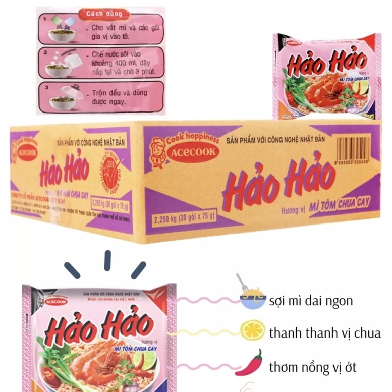 Thùng mì Hảo Hảo vị Tôm Chua Cay 75g x 30 gói