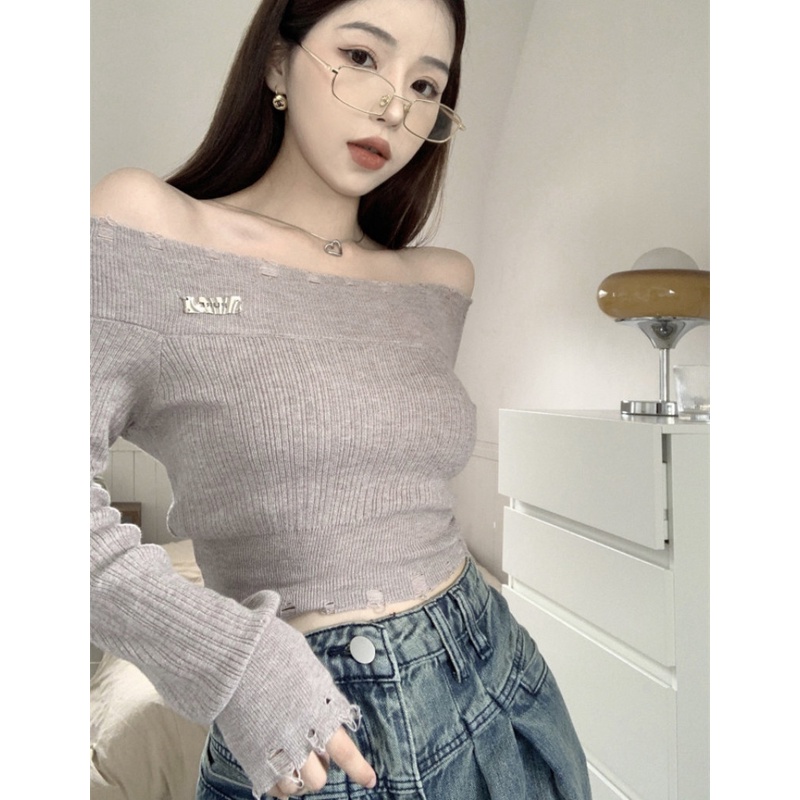 Áo Sweater Dệt Kim Mỏng Tay Dài Màu Trơn Thiết Kế Rách Cá Tính