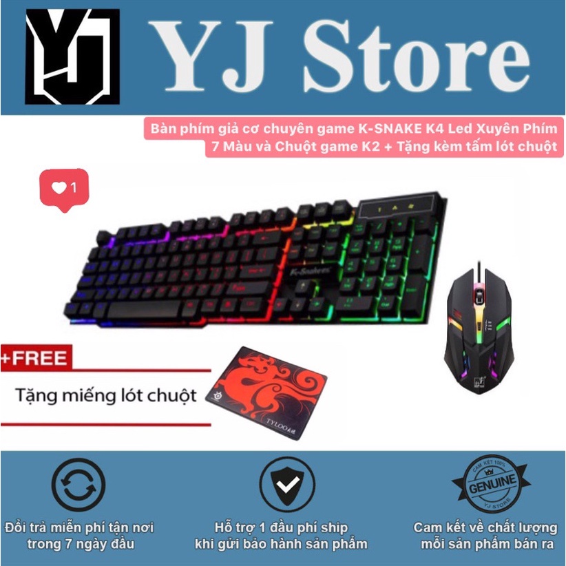 Combo Bàn phím giả cơ chuyên game K-SNAKE K4 Led Xuyên Phím 7 Màu và Chuột game K2 + Tặng kèm tấm lót chuột-YJ