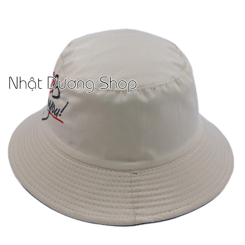 Nón bucket 2 mặt thêu hình trái tim I LOVE YOU, chất liệu vải Kaki bền chắc và hợp thời trang