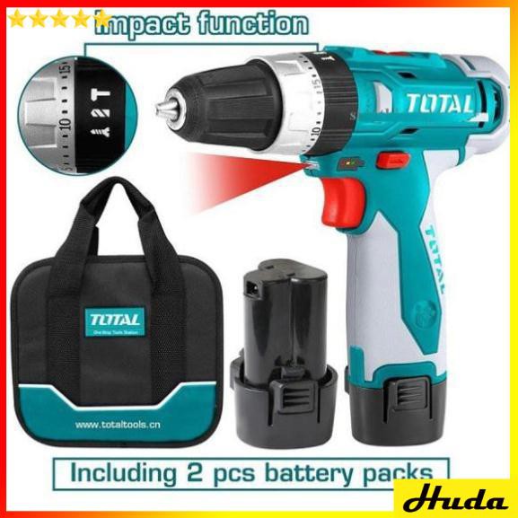 [Chính hãng TOTAL] 12V MÁY KHOAN BÚA DÙNG PIN LI-ION Total + KÈM theo 2 PIN + 2 MŨI KHOAN Cr-V 50mm - TIDLI228120