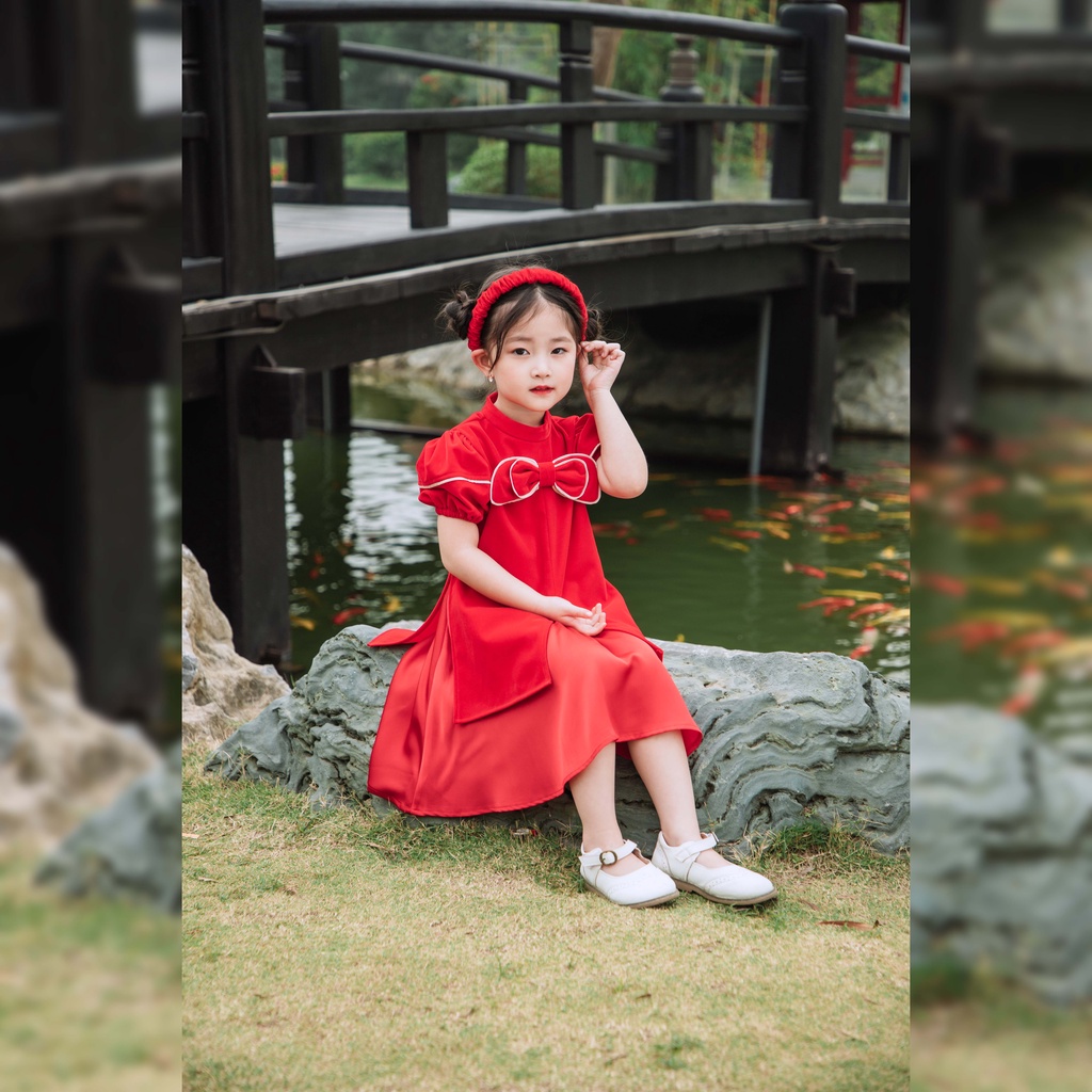 Áo dài cho bé gái ILABY thiết kế nhung viền trước ngực [IG0686]