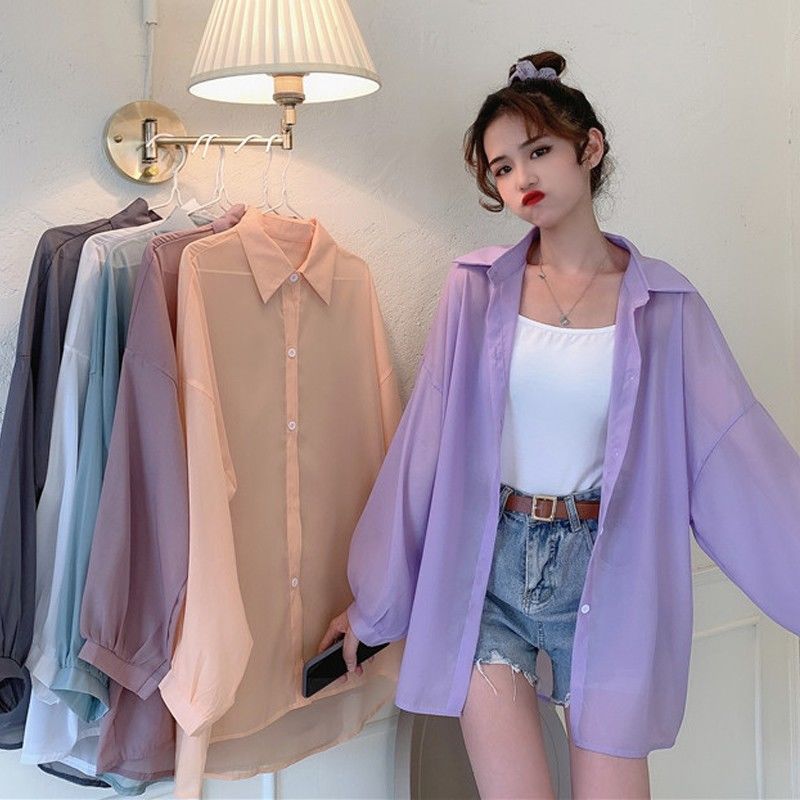 Áo Sơ Mi Tay Dài Chất Chiffon Thiết Kế Dáng Rộng Che Khuyết Điểm