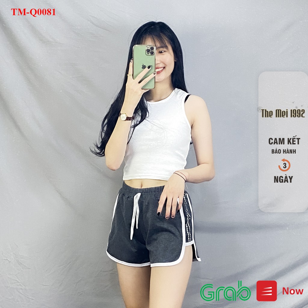 Quần đùi nữ The Mei 1992 - Quần short nữ cạp chun chất cotton mát dáng hộp viền kẻ kèm chữ cao cấp | BigBuy360 - bigbuy360.vn
