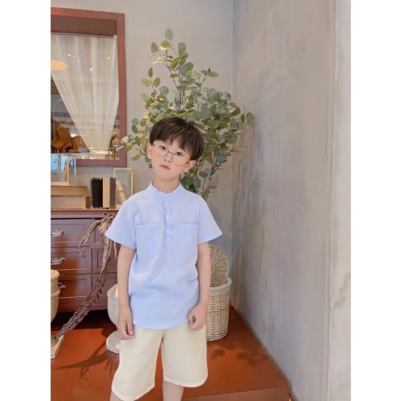 Áo sơ mi trơn nhiều màu vải đũi cộc tay cổ Tàu cho bé trai & bé gái  N01165