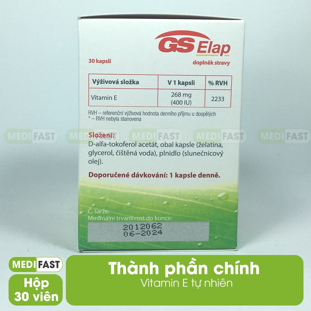 Viên uống Đẹp da, căng mịn Vitamin E 400IU GS Elap, nhập khẩu từ Châu Âu, hộp 30 viên bổ sung vtm Enat hữu cơ