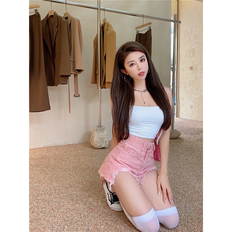 DUNEA Quần short denim màu hồng thiết kế lệch tà sành điệu cho nữ