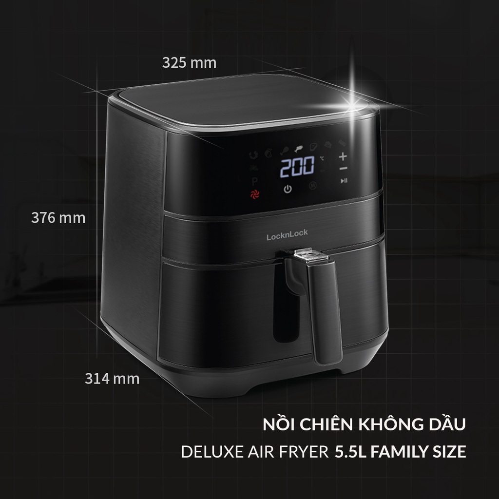 Nồi chiên không dầu Lock&amp;Lock Deluxe Air Fryer 5.5L - màu đen EJF284BLK - Hàng Chính Hãng