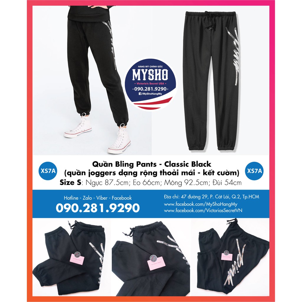 Size XS 07 - Quần đen dài Bling Pants, đính hạt chữ  - Hàng nhập  - V.Storia's Secret USA
