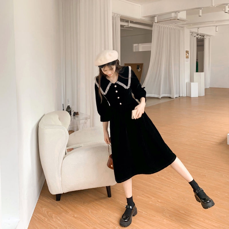 Váy babydoll đầm babydoll Đầm Nhung Đen Tay Dài Cổ Búp Bê Phong Cách Pháp Thời Trang Mùa Đông 2022 Cho Nữ