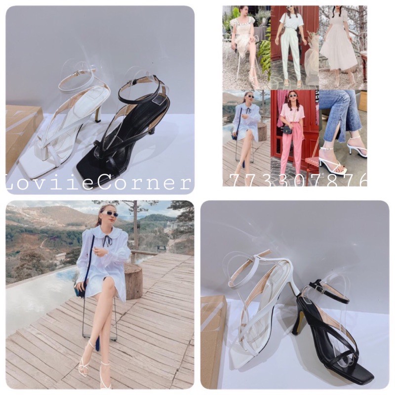 LOVIIECORNER - GIÀY SANDAL NỮ CAO GÓT THỜI TRANG QUAI MÃNH XỎ NGÓN CHÉO KIỂU ĐẾ NHỌN 9CM 2 MÀU ĐEN TRẮNG  LOVIIE G200522