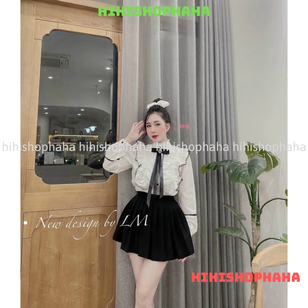 Áo sơ mi tay bồng cổ nơ viền bèo kaca shop hihishophaha