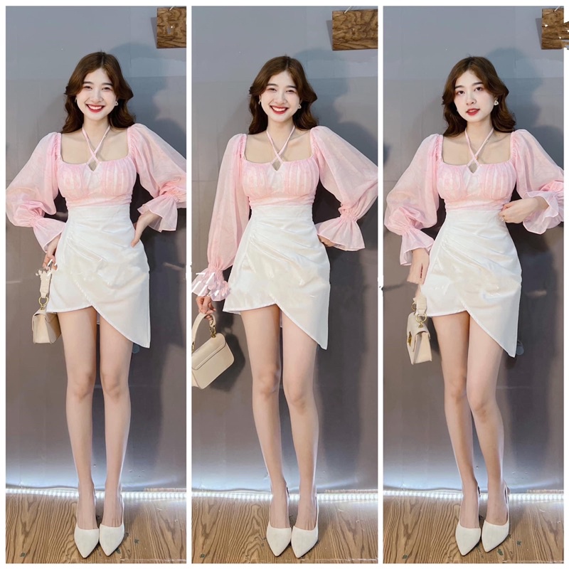 SET Áo trễ vai hoa xanh tay loe phồng kèm Chân Váy trắng tà đắp chéo NÀNG CLOSET