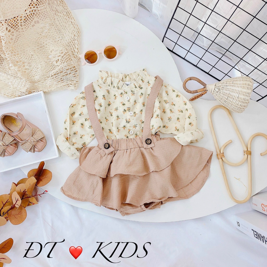 Set Áo Hoa Nhí Dài Tay Kèm Váy Tầng Cho Bé Gái