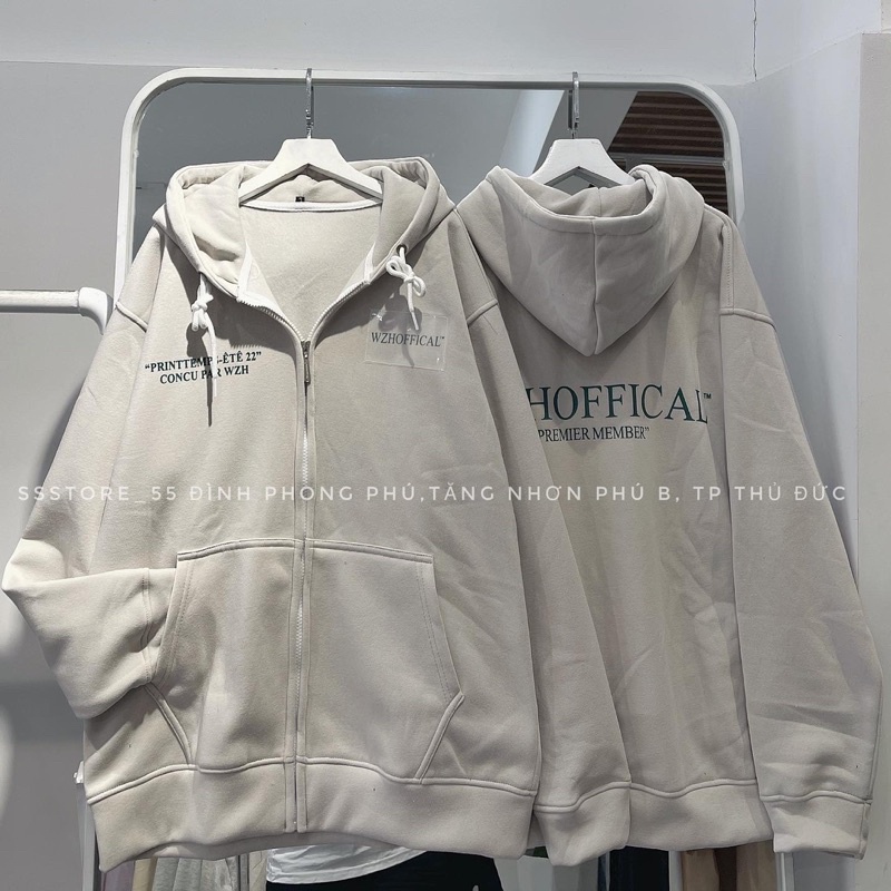 Áo khoác hoodie zip WZHOFFICAL có nón vải nỉ bông màu xám form rộng unisex nam nữ_ SSSTore