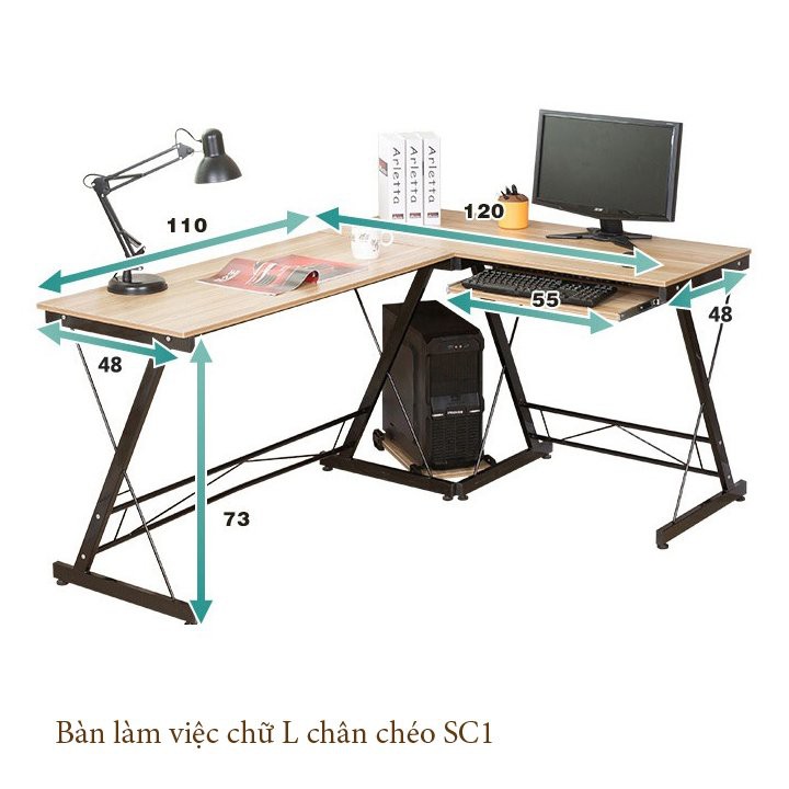 Bàn chữ L gỗ bàn chân chéo SC bằng sắt - Bàn đặt góc tường làm việc tiết kiệm diện tích  đẹp và đơn giản