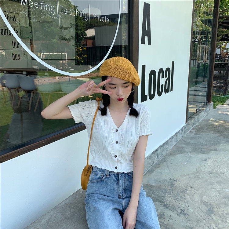 Áo dệt kim COZOKC tay ngắn cổ chữ V phong cách cổ điển thời trang