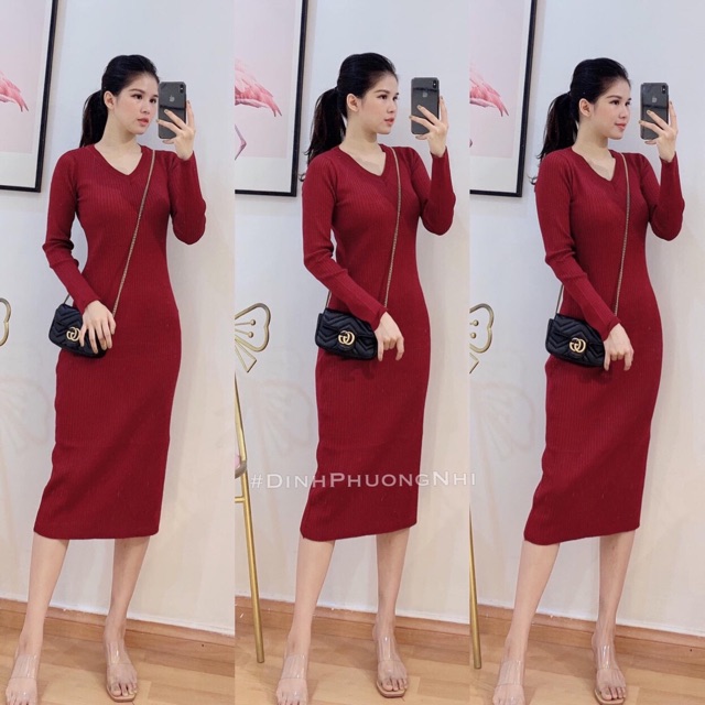 Váy len body cổ tim