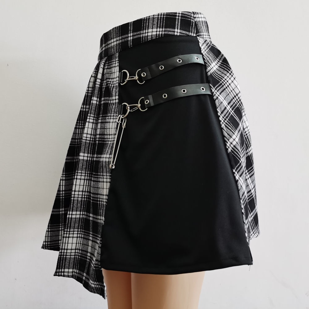 Chân Váy Xếp Ly Sọc Ca Rô Đen Trắng Phong Cách Anh Quốc Harajuku Cá Tính