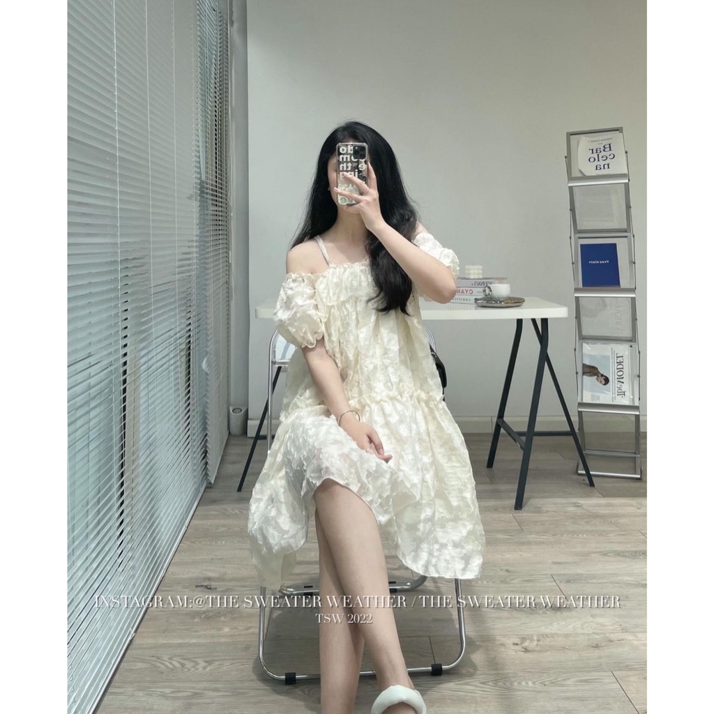 Váy babydoll trễ vai hoa nổi xòe rộng chữ A form đẹp mùa hè 2022 Kozoda D59
