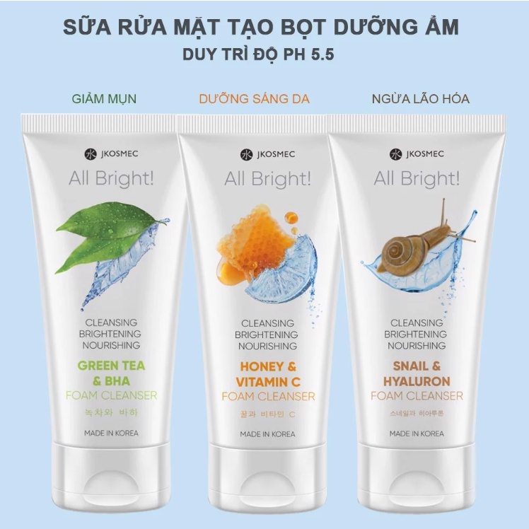 Sữa Rửa Mặt Tạo Bọt, Dưỡng Ẩm Jkosmec All Bright Basic Foam Cleanser 180ml