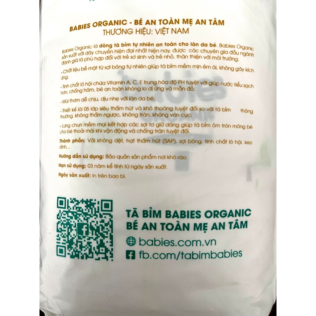 Tã Bỉm DÁN/QUẦN BABIES ORGANIC bông hữu cơ an toàn cho bé NB76/S66/M56/L46//M54/L50/XL46/XXL40/XXXL38