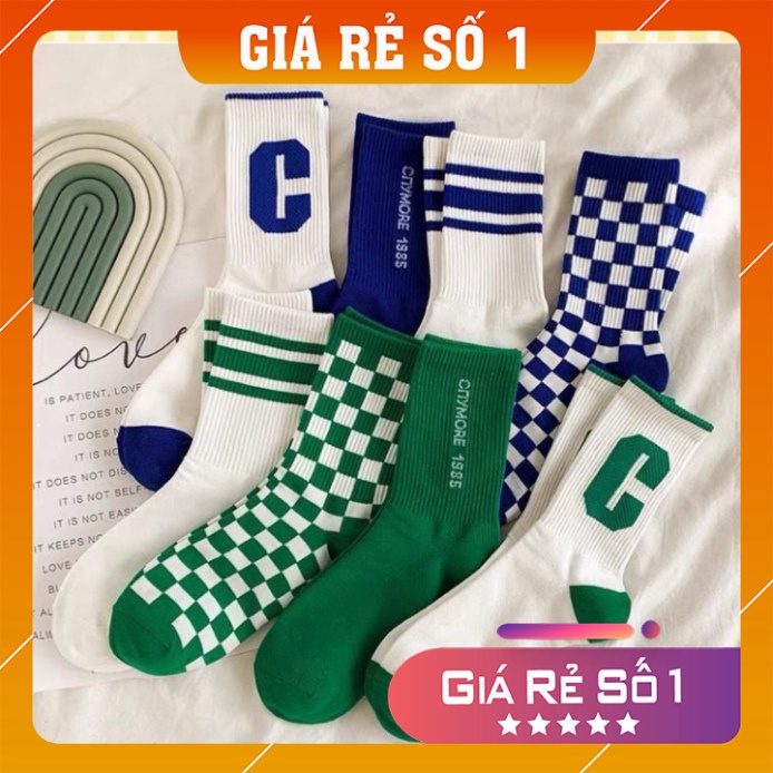 Tất cổ cao ❤️𝑭𝒓𝒆𝒆𝒔𝒉𝒊𝒑❤️ Set 4 đôi tất vớ cổ cao thể thao trắng sọc ca rô thời trang Hàn Quốc