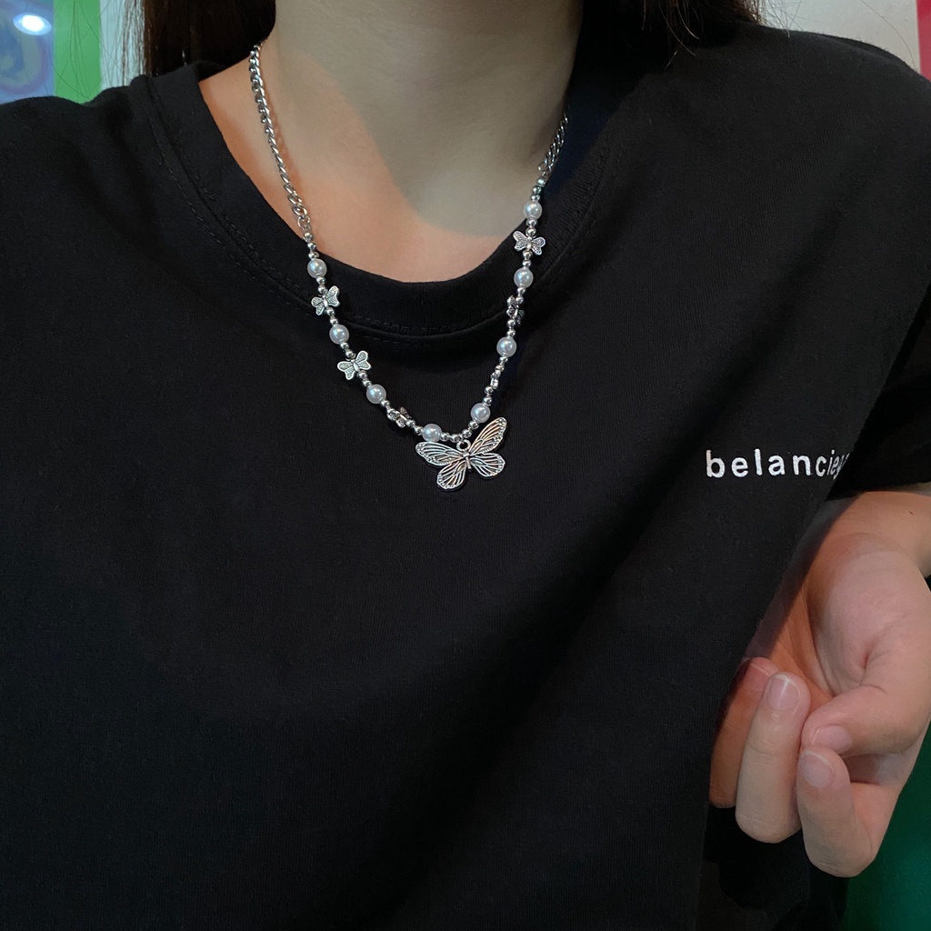Dây chuyền thép titan phối mặt hình bướm phong cách hip hop cá tính