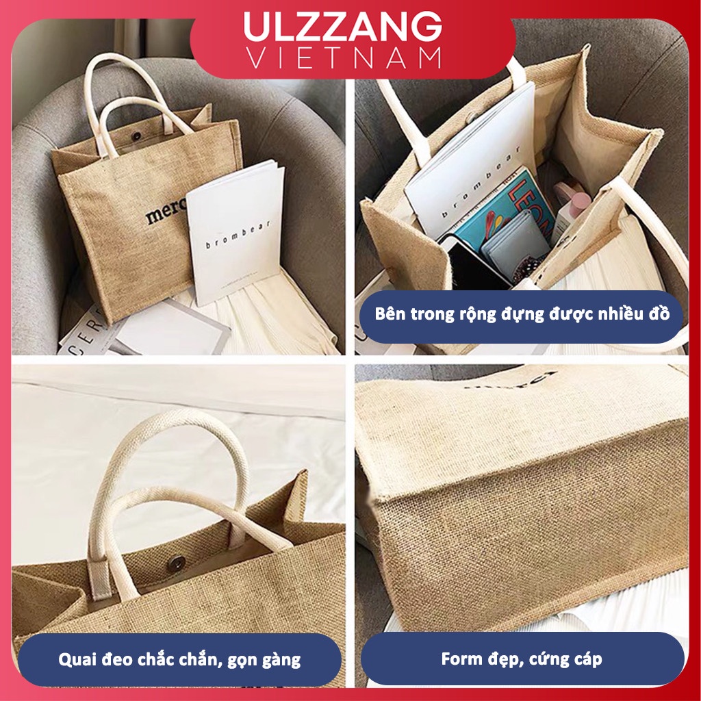 Túi cói đi biển Merci, túi cói du lịch vintage phong cách thời trang Hàn Quốc rẻ đẹp