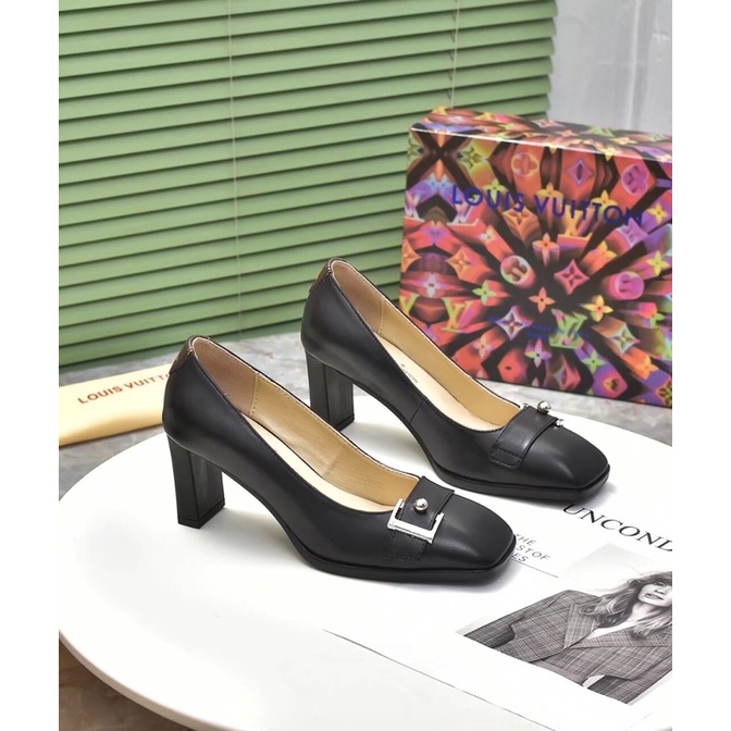 Giày cao gót 6.5cm mũi vuông hoạ tiết thương hiệu Louis Vuitton LV 2022 cao cấp da thật