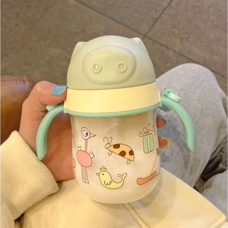 Bình tập uống nước cho bé có quai và dây đeo nắp bật ống hút mềm