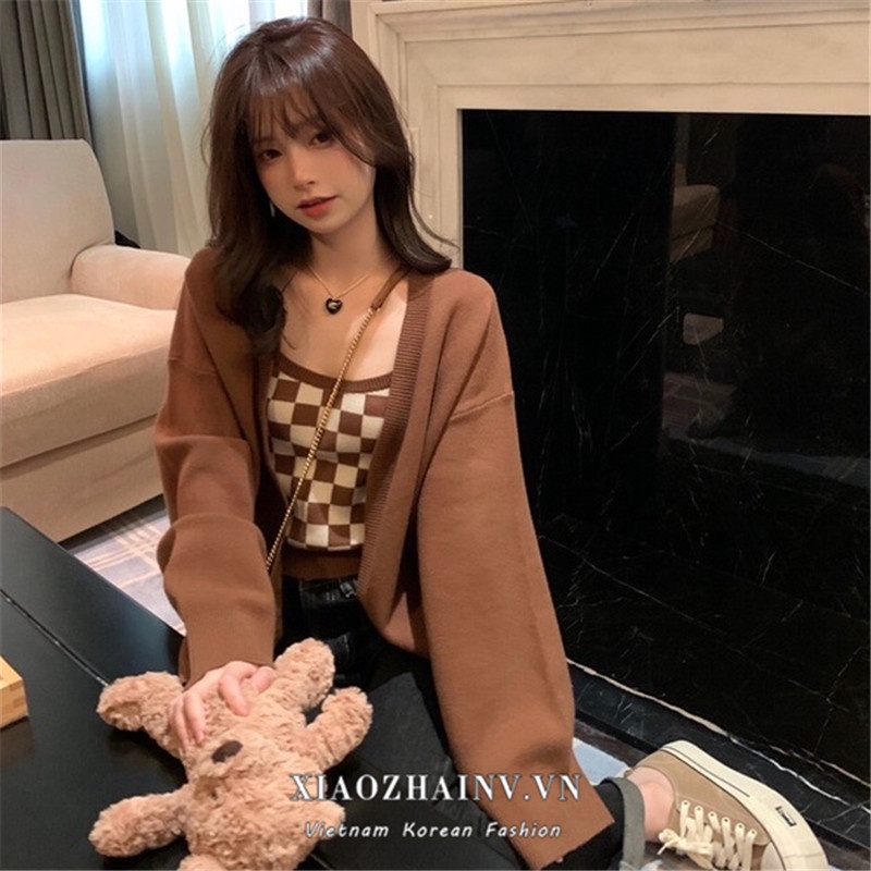 Xiaozhainv Áo khoác cardigan dệt kim họa tiết sọc caro phong cách retro thường ngày cho nữ