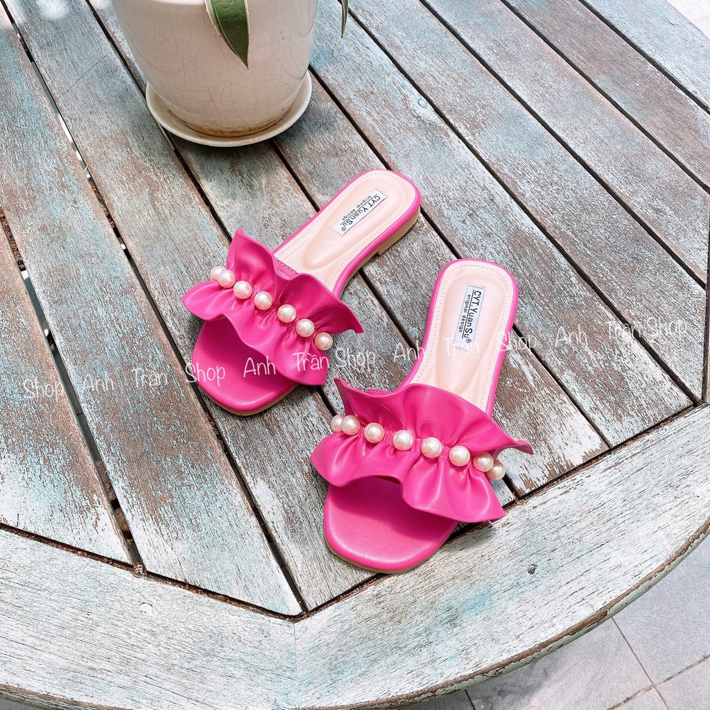 Dép nữ quai ngang bèo nhún đính ngọc Quảng Châu cao cấp DE2388