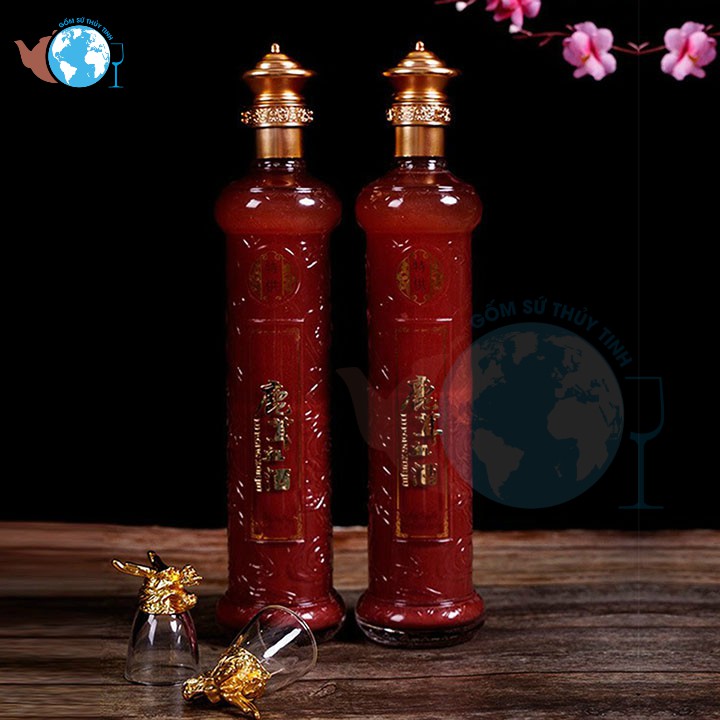 Bình đựng rượu nhân sâm 500ml hoa văn rồng 2 bên BR19,Chai thủy tinh sang trọng dùng làm quà biếu