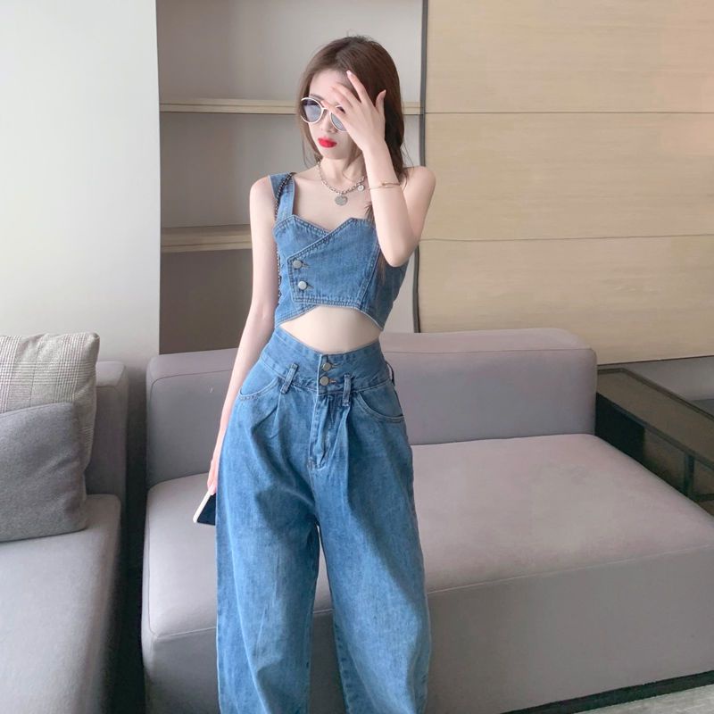 Set áo 2 dây và quần jeans denim thời trang cá tính cho nữ 2024