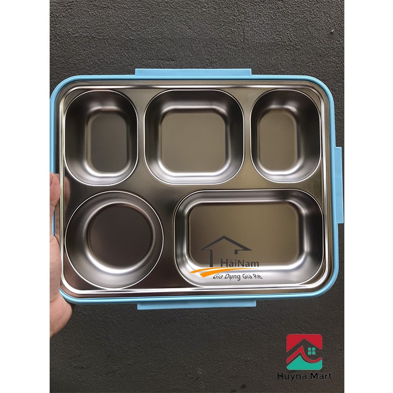 Hộp Cơm Văn Phòng Khay Inox 5 Ngăn Có Bát Để Canh Bọc Nhựa Bên Ngoài - Có Giá Điện Thoại Tặng Thìa Đũa Inox Cao Cấp