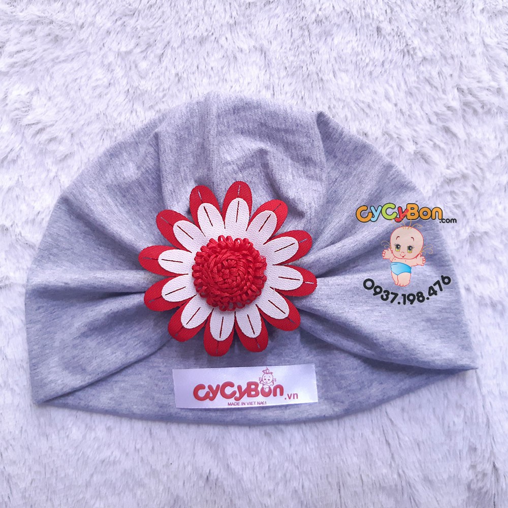 Mũ Nón Turban Cho Bé Gái Thun Cotton Đính Bông Hoa Cúc Đỏ Trắng - Cực Xinh- Có Size từ Sơ Sinh