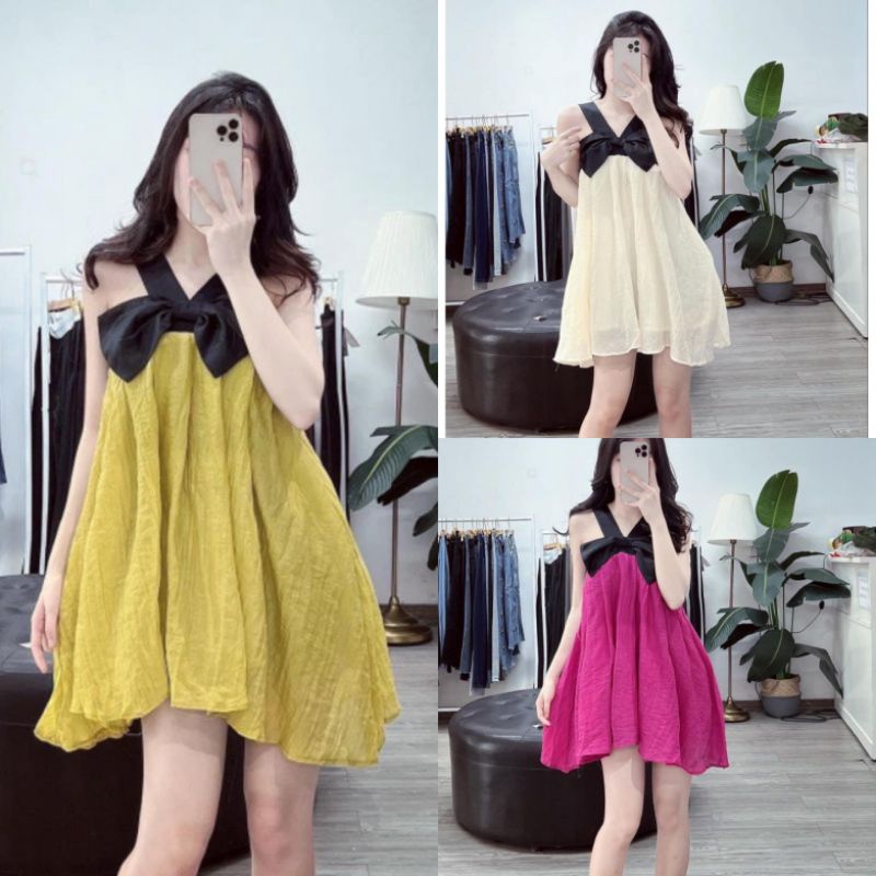 Váy Hai Dây Nữ Ms.1489 Đầm Dáng Xòe Thiết Kế Nơ Ngực Bản To, Chất Đũi Mềm Mát 3 Tone Màu Basic