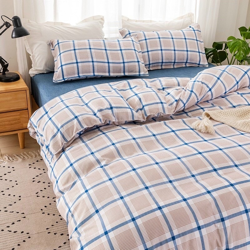 Bộ chăn ga gối poly cotton: kẻ (xanh/xanh lá/hồng) | BigBuy360 - bigbuy360.vn