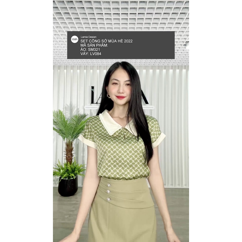 Áo sơ mi nữ hè Lamia Design SM321 màu xanh họa tiết kẻ