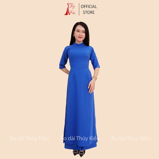 Áo dài trơn lụa Nhật cổ 2 phân màu xanh coban nhạt AK32