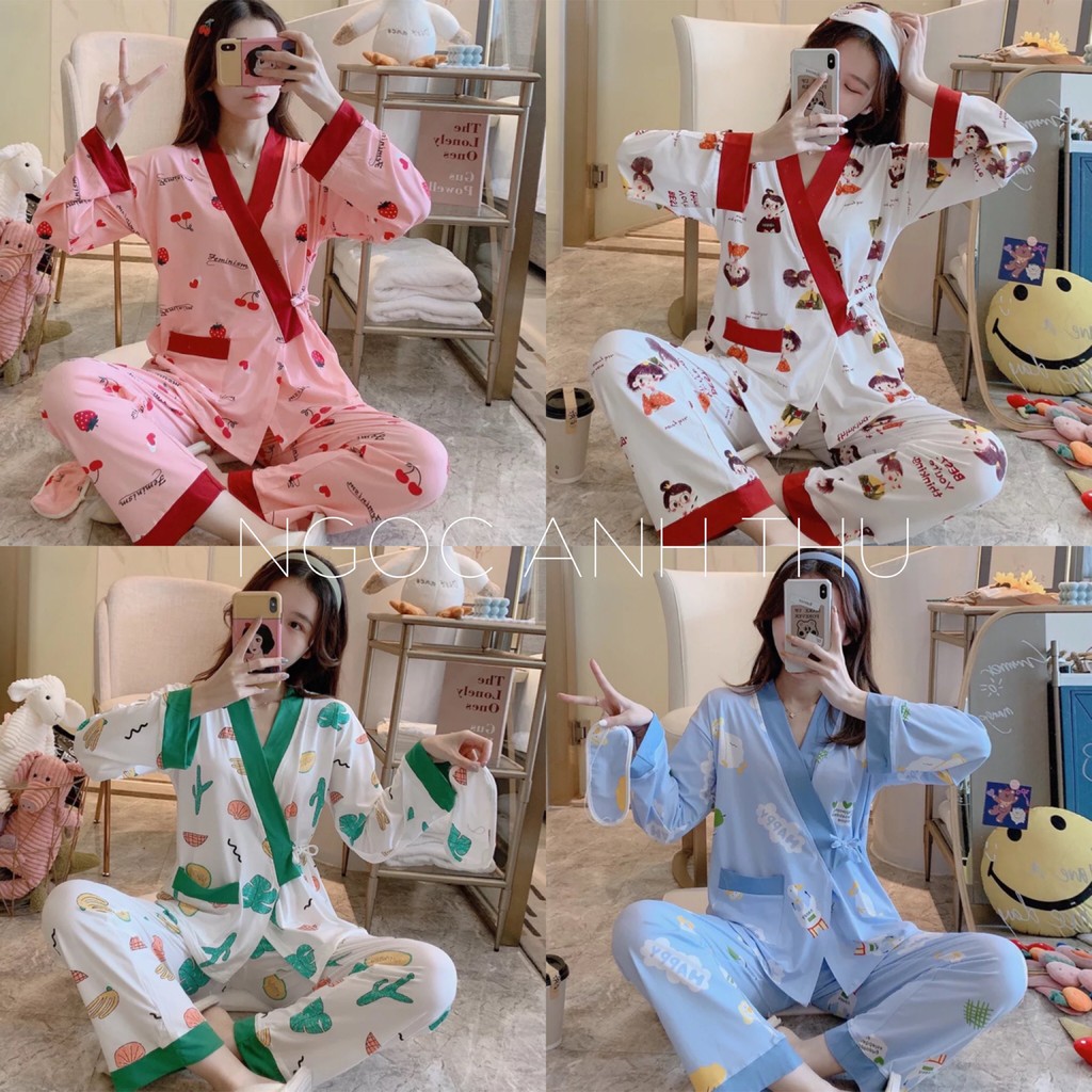 Đồ Bộ Dài Tay Mặc Nhà Kiểu Dáng Kimono Chất Thun 🍁 thươngBộ pijama kiểu dáng kimono tay dài quần dài