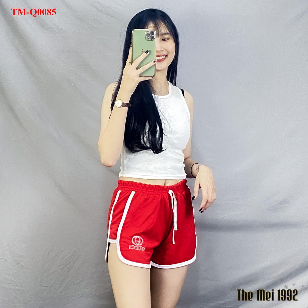 Quần đùi short nữ THE MEI 1992 cao cấp - Quần sooc nữ cạp chun chất cotton thể thao thêu chữ Gucci