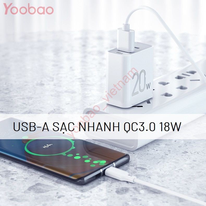 Củ Sạc Nhanh 2 Cổng USB-A & Type-C Sạc Nhanh PD 20W Chính Hãng Yoobao RY-U20