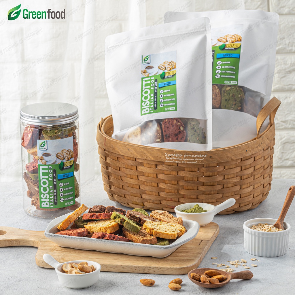 Bánh BISCOTTI 500gram nguyên cám mix 5 vị GreenFood, bánh ăn kiêng giảm cân không đường dành cho người béo, tiểu đường